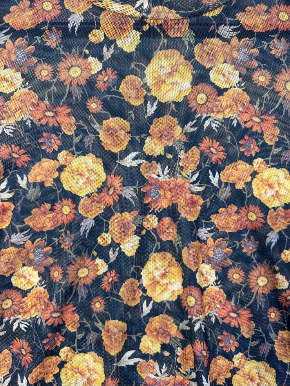 Boho Sheer Floral SheerLong Sleeve Crop Top Black with Orange Yellow Flowers, XL - Picture 3 of 14